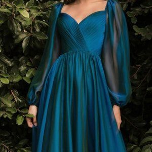 NEW PEACOCK COLOR WEDDING EVENING LONG SLEEVE CHIFFON A-LINE LONG DRESS.